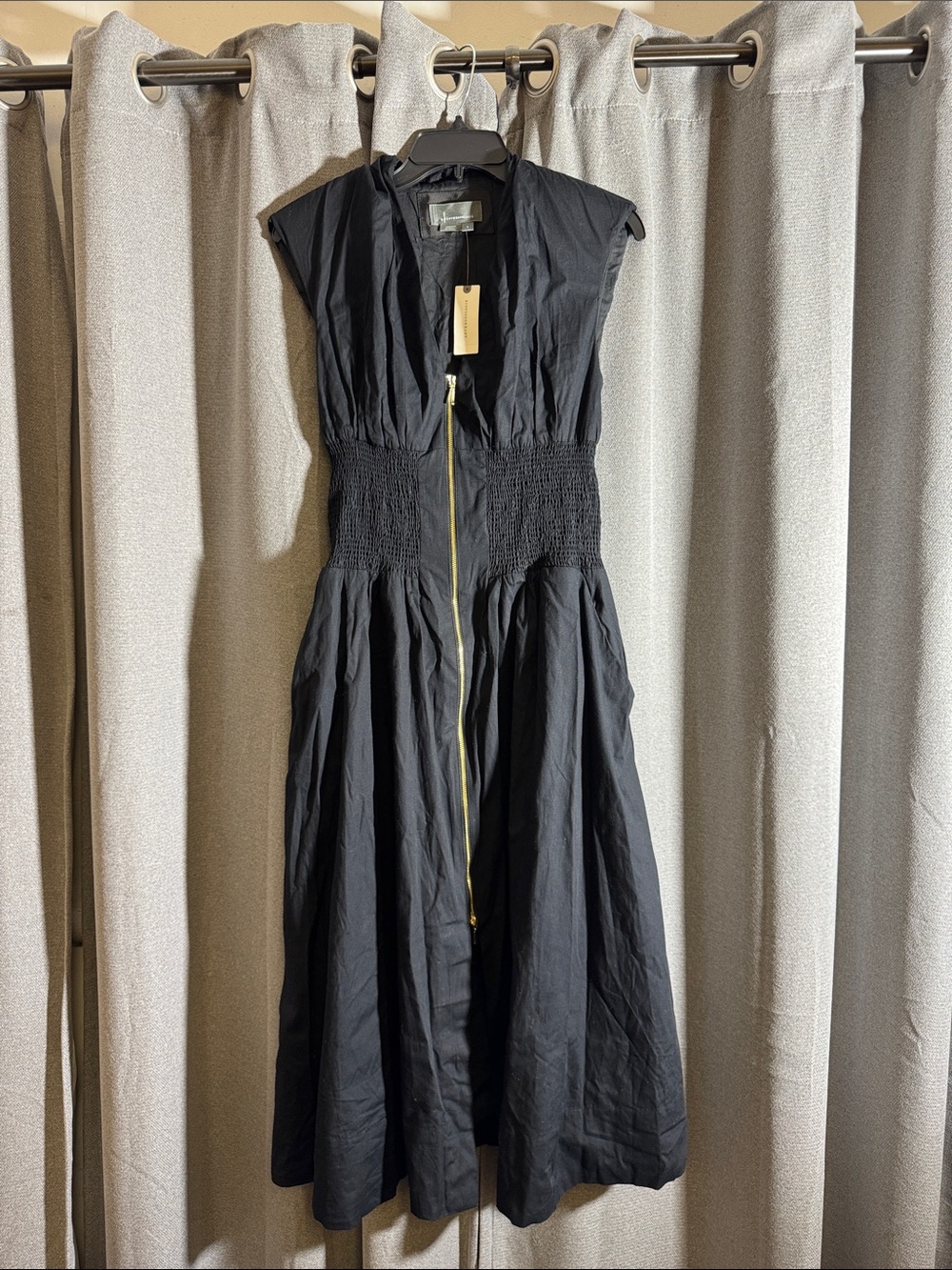 ANTHROPOLOGIE Black Zipper-Front Smocked Waist Dress